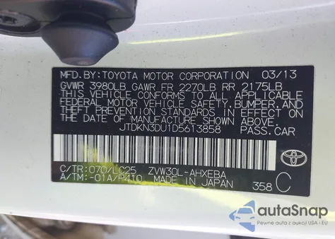 2013 Toyota Prius Three Se из США, поврежденный, VIN JTDKN3DU1D5613858